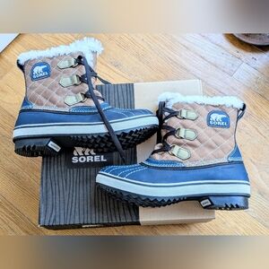 Sorel Women Tivoli Canvas Quilted Furry Admiral Blue/Brown Winter Boots 8 Laces